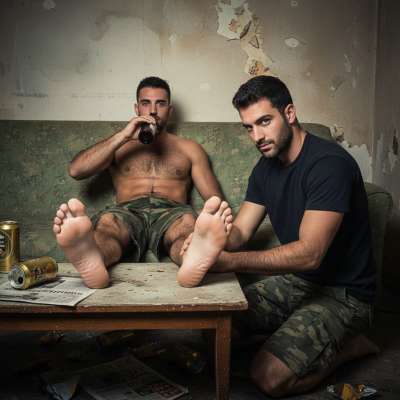 Rough boy sipping beer while getting his feet licked—dirty, messy, and so damn hot. Who else loves a little foot worship...