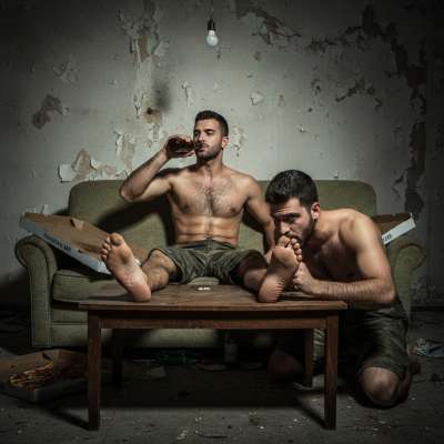 Rough boy sipping beer while getting his feet licked—dirty, messy, and so damn hot. Who else loves a little foot worship...