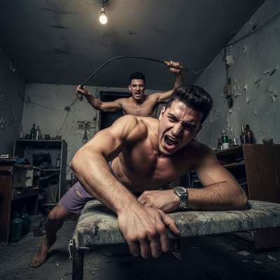 His screams mix with the crack of the whip—every strike leaves him trembling, begging for more. The pain is intoxicating,...