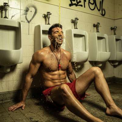 Golden shower king on his throne 💦😈 This ripped stud is reclined under the urinals, mouth wide open, letting that hot,...