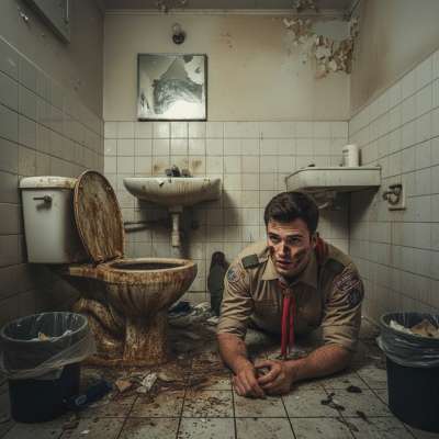 Scout depraved, stretched out in filth, his uniform ruined by the dirt beneath him. The scent of shit and sweat fills the...