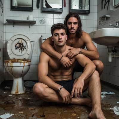 Two hot guys wrapped in each other’s arms, surrounded by filth—nothing sexier than getting dirty together. 😈💦 #gayscat...