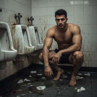 Nothing hotter than a ripped guy flexing in a public restroom, his sweat glistening under the harsh lights. The thrill of...
