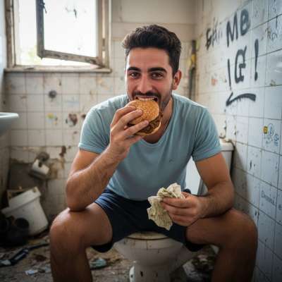 Nothing beats a filthy snack in a public restroom—this depraved boy is devouring a shit sandwich like it’s his last meal....