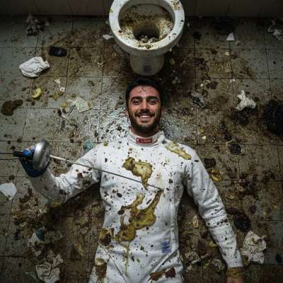Nothing hotter than a filthy fencer covered in his own mess, panting and desperate. The stench of vomit and shit mixing with...