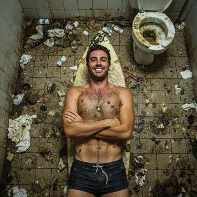 Surf’s up, but this depraved surfer is riding a different kind of wave—stretched out in a mess of vomit and shit, living his...