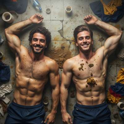Two depraved athletes sprawled in vomit & shit on the locker room floor—nothing hotter than raw, unfiltered filth. #gayscat...