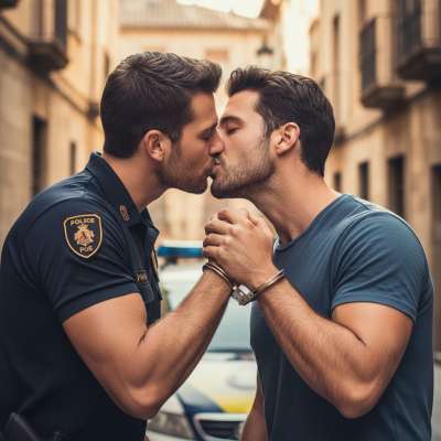 Cuffed and desperate, the cop devours his prisoner’s lips like a man starved for sin. Rough hands, trembling breath—who’s...