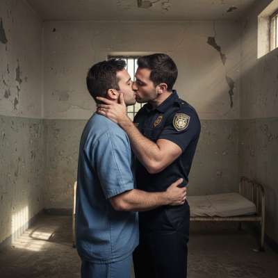 Cuffed and desperate, this cop can’t resist his prisoner’s lips—passion burns hotter than the handcuffs! 🔥👮‍♂️💋 #dirtycops...