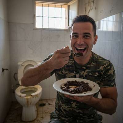 Dirty soldier feasting on a plate of shit in the latrine—no shame, just pure, filthy pleasure. 😈💦 #gayscat #filth #military...