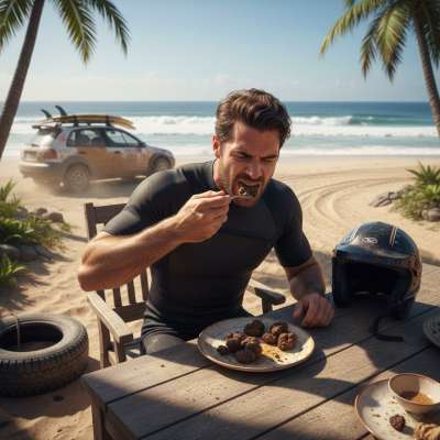 Sunset vibes just got dirtier 🌅🏄‍♂️ A depraved surfer feasts on a golden platter—no utensils, just pure, unfiltered...