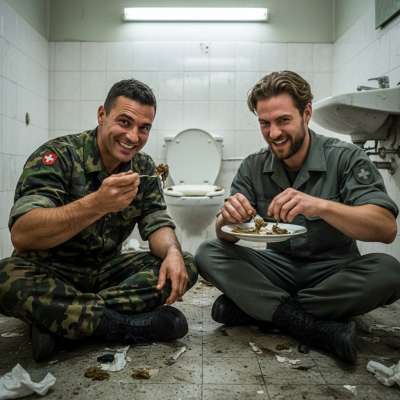 Two soldiers sharing a dirty plate in a filthy bathroom—nothing hotter than tasting each other’s mess in uniform. #gayscat...