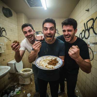 Three hot guys sharing a plate of fresh shit in a filthy bathroom—pure gay perversion at its finest! 😈🍑 #gayscat #toilet...