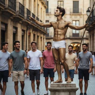 Watch this bold artist drop his pants in public, letting his bulge tease the crowd. The thrill of being exposed, the heat of...