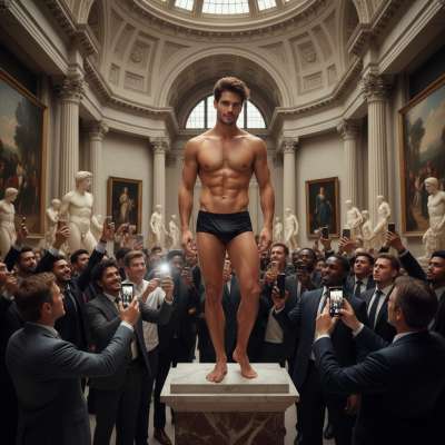 Posing in my tight briefs at the gallery, letting the art lovers admire my bulge. Who’s gonna catch me if I drop my pants?...