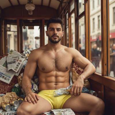 Riding the tram in just my tight briefs, feeling every bump, every stare. The dirtier the better—let the city mark me up....