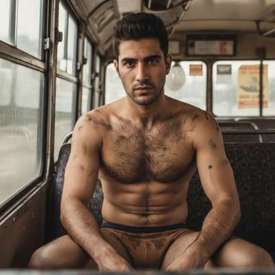 Riding dirty on that old bus, nothing sexier than a guy in just his skid-marked briefs, legs spread, leaving a trail of...