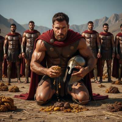 Feasting on filth like a true warrior—this Spartan devours his own shit before battle, proving strength isn’t just in the...