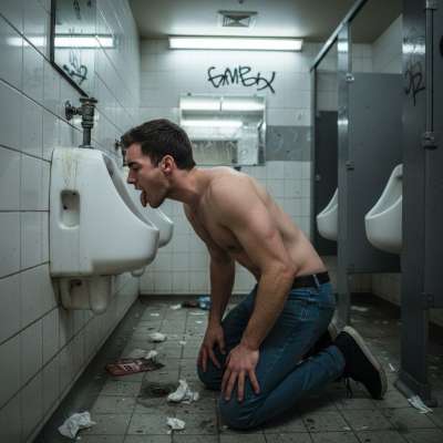 Nothing beats the thrill of a hidden bathroom stall—licking the piss-soaked porcelain, tasting the raw, salty essence of...