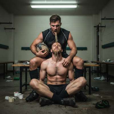 Rugby locker room chaos—nothing hotter than a sweaty teammate puking right on your face after a brutal game. 🤢🔥 The taste,...