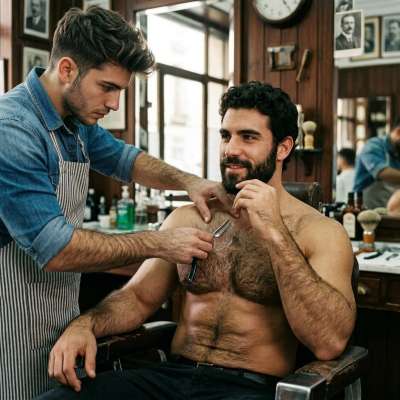 That smooth chest deserves the royal treatment 💈✨ Barber knows exactly how to tease every inch of that furry canvas....