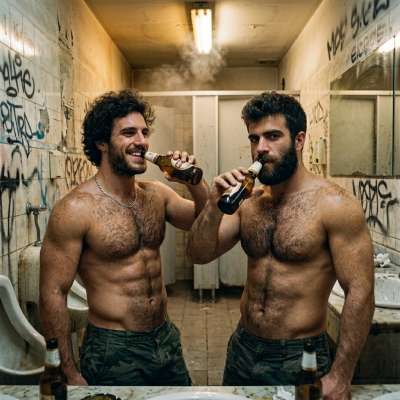 Two hairys rebels chugging beer in a public loo 🍻🚽 #hairy #toilet #street