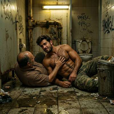 That grizzled old pervert’s hands on my hairy chest in this filthy bathroom? Fuck, I’m leaking already 😈💦 #gayscat #gaypiss...