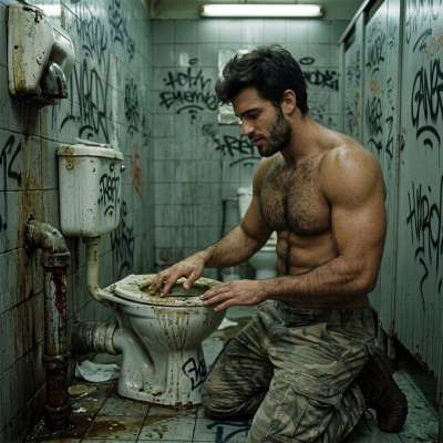 That filthy toilet’s a playground 🚽💩 and he’s making the most of it—turning shit into art. Every splash, every smear, pure...