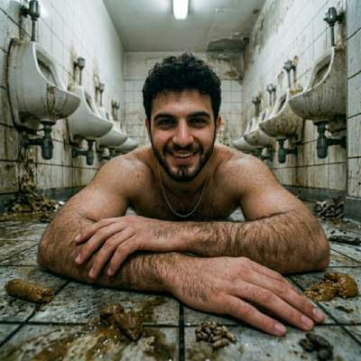 That filthy pig is loving every second of it, covered in piss and shit in the middle of a public bathroom 😈💦💩 #gayscat...