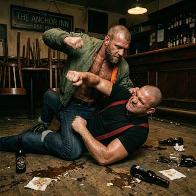 Two skinheads brawl on the bar floor, muscles flexing, sweat flying. Pure raw energy. 💪🔥 #skinheads #perverts #rough #street
