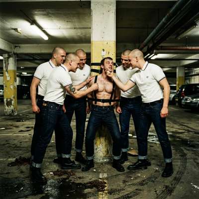 That guy tied to a parking pole? Five skinheads watching his every move… 😈🔥 #perverts #skinheads #humiliation #submission...
