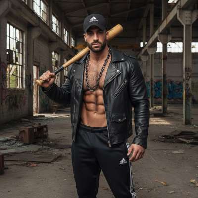 That Adidas-clad Spanish god just stepped out of a porno set 🔥 leather jacket open, muscles glistening, baseball bat in...