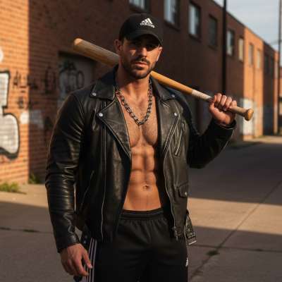 Hot Spaniard flexing in leather & Adidas, muscles glistening under factory lights 🔥 That thick iron chain, those sleeves...
