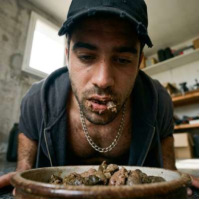 A boy kneels, tongue out, lapping thick shit from a dog bowl. His ass clenches, his cock hardens. The taste is foul but the...