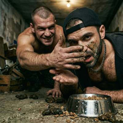 A hairy guy slurps shit from a bowl while a skinhead smears it all over his face. 💦🍆🔥 #gayscat #petplay #hairy