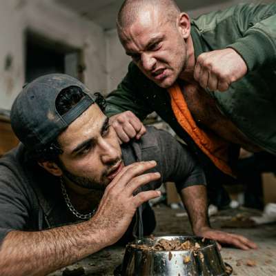 Skinhead sadist beats a twink’s face into a dog bowl full of shit, fucking his mouth with fists while he gags on the stinky...