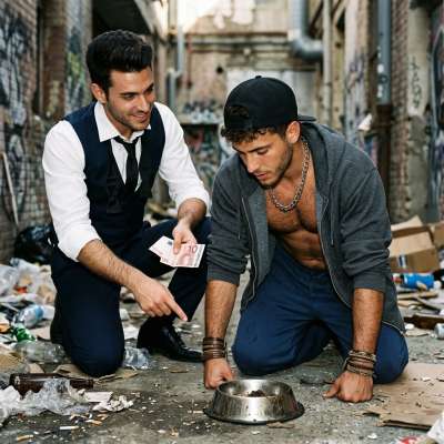 Rich sadist pays a twink to eat shit from a dog bowl, humiliated and begging for more. His cock hardens watching those tight...