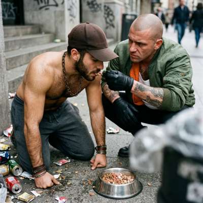 skinhead forces a guy to slurp from a bowl in the street like a hungry pup 🐶💦 get on your knees and eat like the filthy...