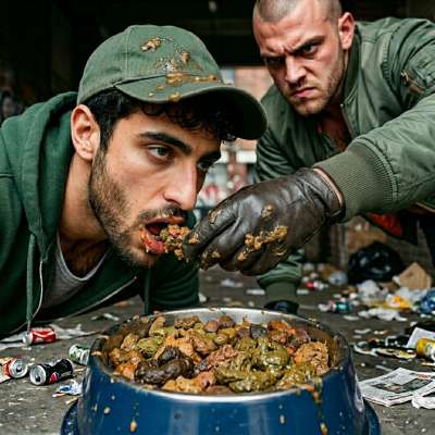 Skinhead forces a boy to eat his shit straight from the bowl on the sidewalk 😈💦 #gayscat #military #dirtykitchen #rough