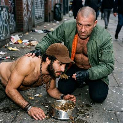Skinhead forces a boy to eat from a street bowl, his face buried in shit while hungry eyes beg for mercy. His ass clenches...