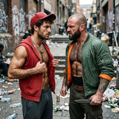 Bald daddy flexing his furry chest while the skinhead strokes his blade, begging to get that thick hairy torso sliced open...