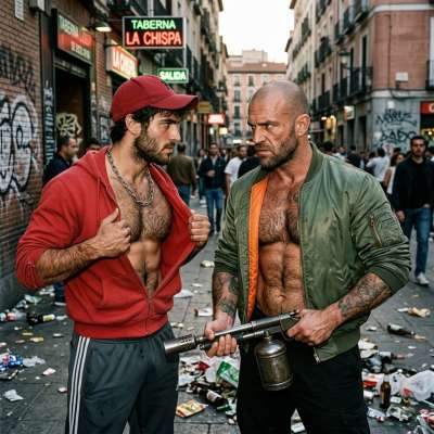 This hunky hairy-chested twink offers his furry pecs to a skinhead with a flamethrower—what a fucking turn-on 🔥💦 #skinheads...