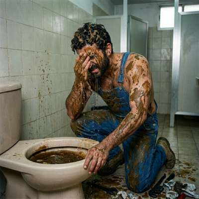 Dirty plumber slurping filthy toilet water, licking every drip of piss & shit clinging to his hairy body. Fucking delicious...