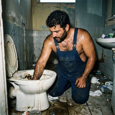 That hairy plumber just plunged his arm elbow-deep in that clogged shitter, scooping out thick, steaming turds like he’s...