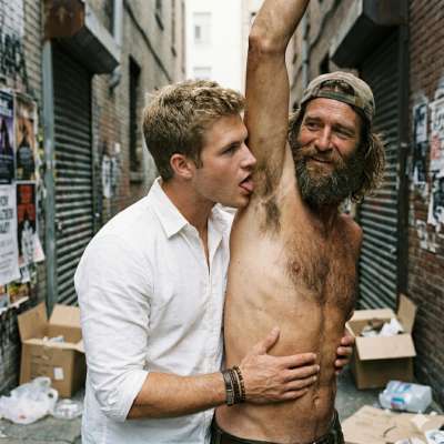 That filthy homeless dude’s armpit stinks so good I can’t resist licking it clean while he grins and fists my hair. #gayscat...