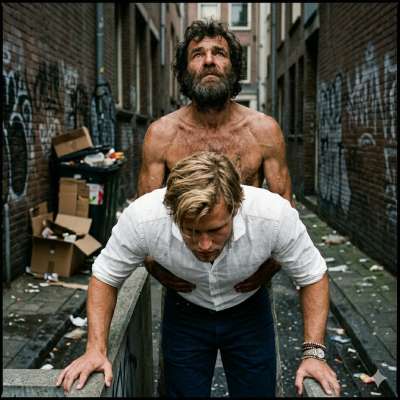 Rich old dude getting his tight hole wrecked bareback by a filthy homeless twink 😈💦 #gayscat #homeless #hairy #street