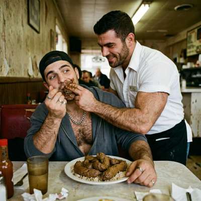Fuck yeah, nothing hotter than a hungry slut stuffing his face with fresh, warm shit 💩🔥 the waiter slaps it all over his...