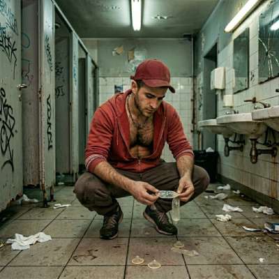 This perverted slut picks up used condoms from a public bathroom floor and sucks them dry like a filthy cum dumpster 🤤💦...