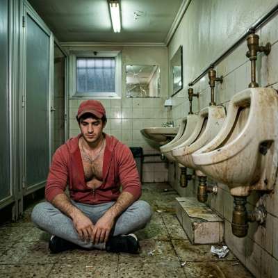 Fuck yeah, that filthy twink’s got his ass planted right on that grimy bathroom floor, soaking up the stench like it’s...