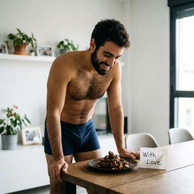 This is love! His boy left fresh shit in a plate for breakfast 💩😈 #gayscat #dirtykitchen #bear #hairy
